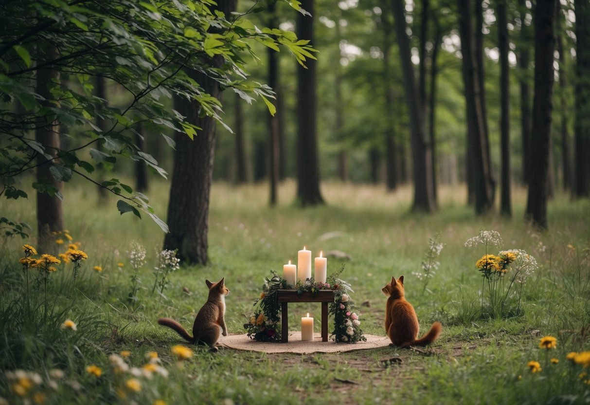 A secluded forest clearing, with a small altar adorned with wildflowers and candles. A gentle breeze rustles the leaves as two woodland creatures watch the elopement