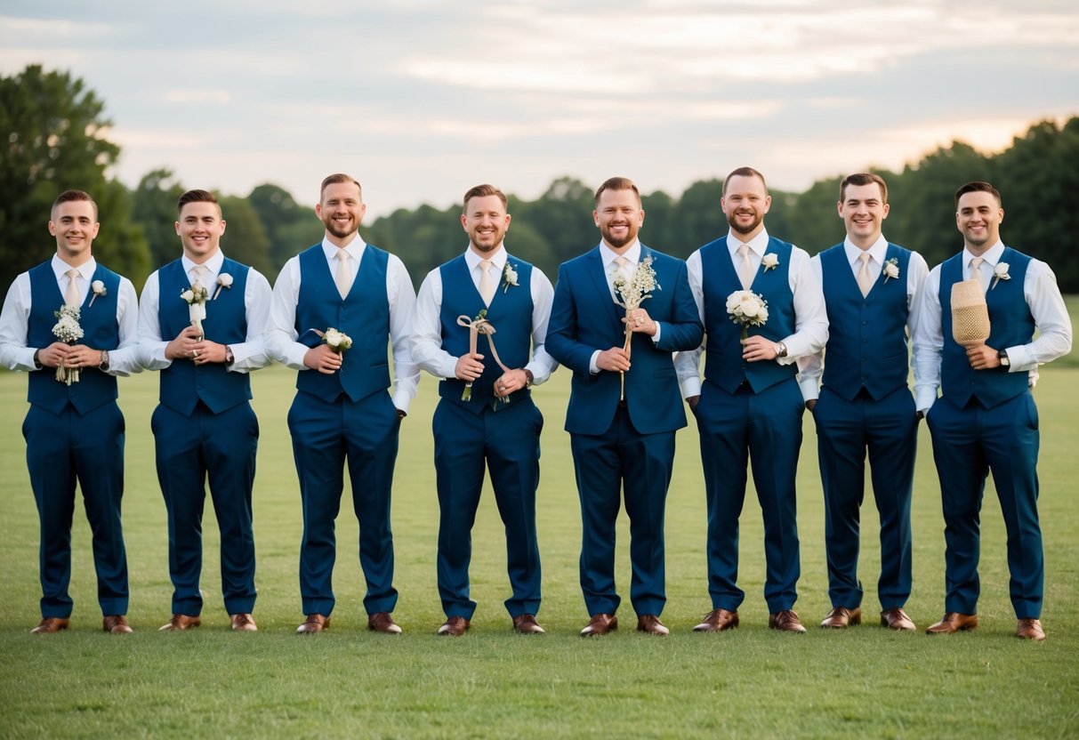 Seven groomsmen standing in a line, each holding a different prop or accessory to represent their role in the wedding party