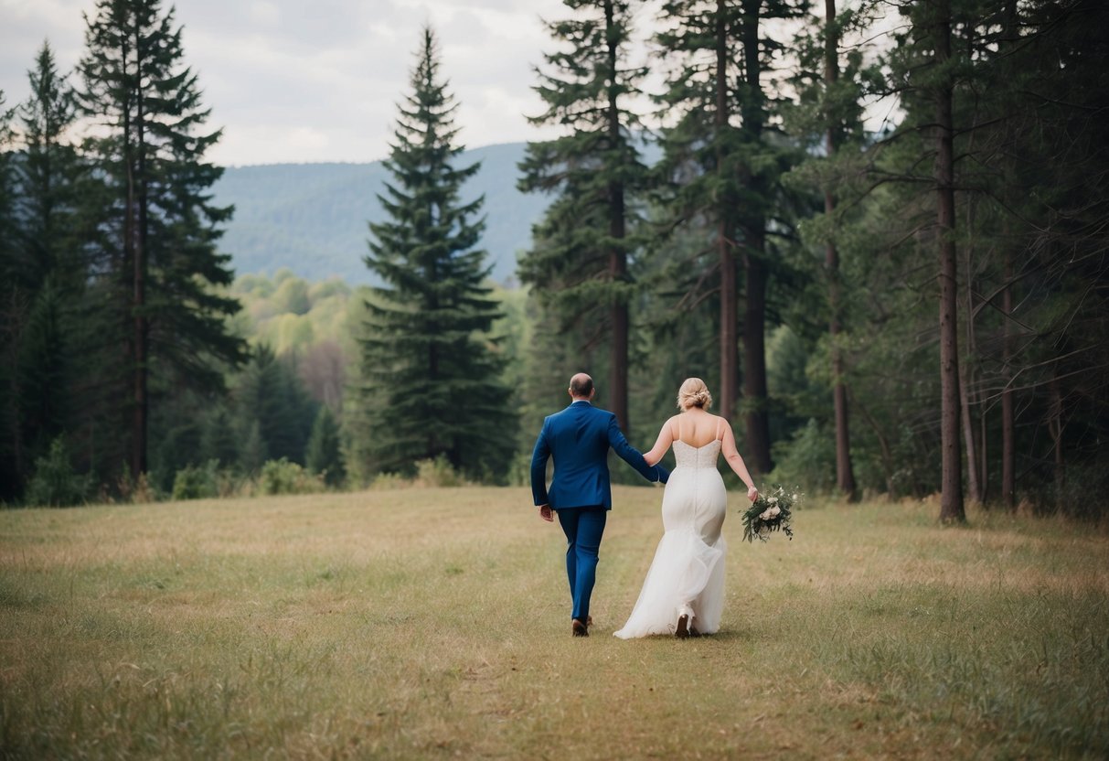 A lone figure watches from a distance as a couple runs away hand in hand, eloping in a secluded forest clearing