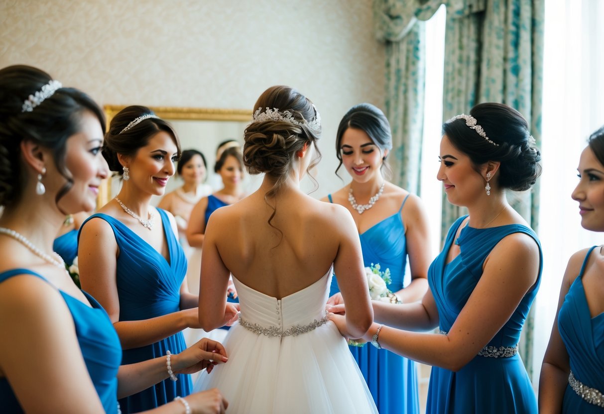 A group of women in elegant dresses and accessories, preparing for a wedding. The focus is on dressing the Maid of Honor, who may be a 14-year-old girl
