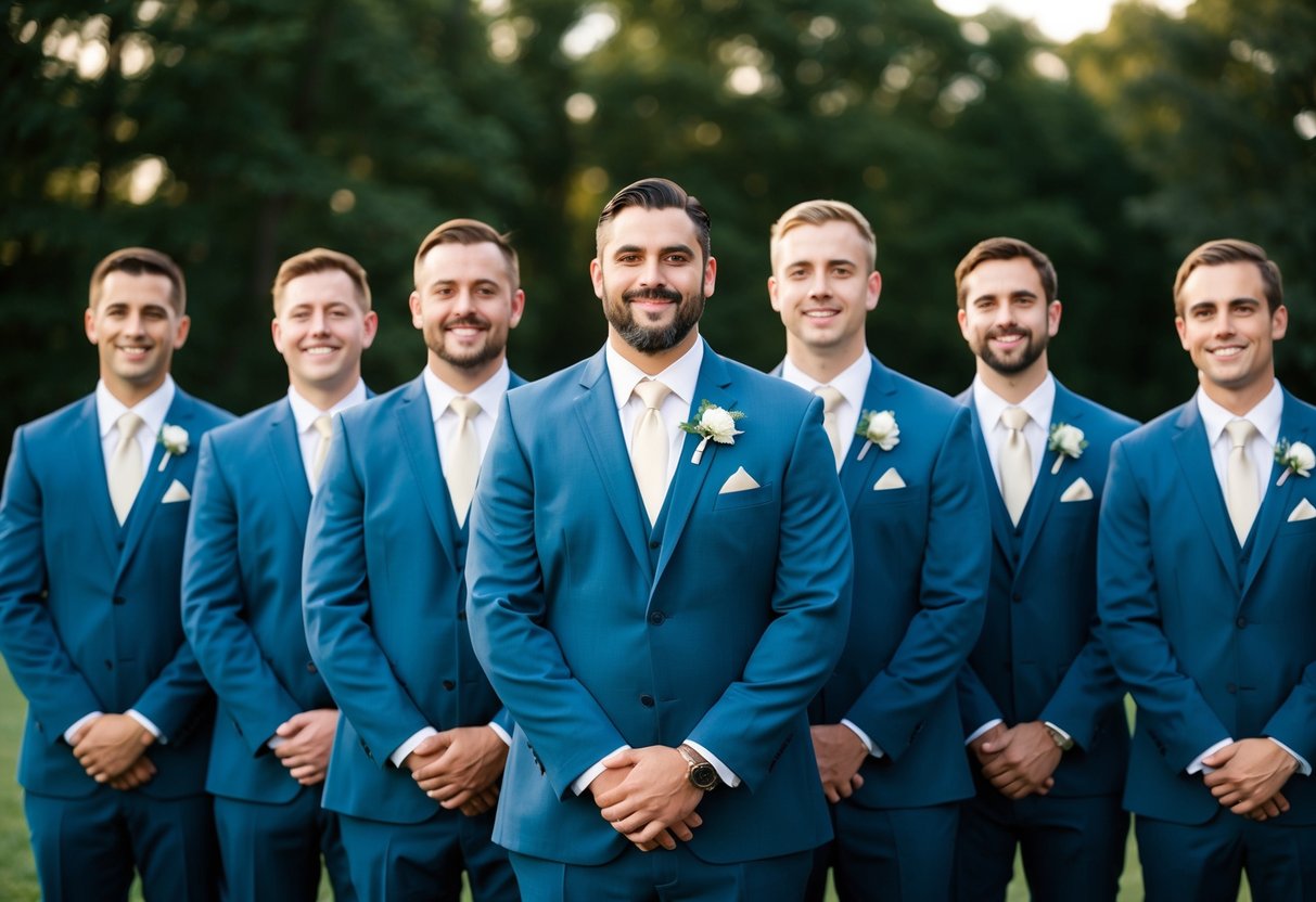 Seven groomsmen standing in a line, each wearing a matching suit and tie. They are arranged in height order, with the tallest in the middle and the others flanking him on either side
