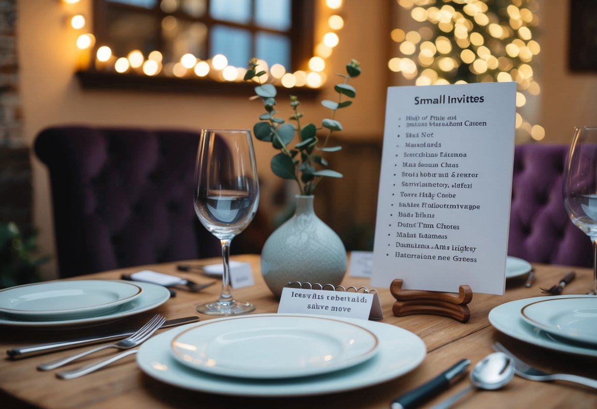 A small table with place settings for a few guests, surrounded by intimate and cozy decor. A list of potential invitees and a pen sit nearby