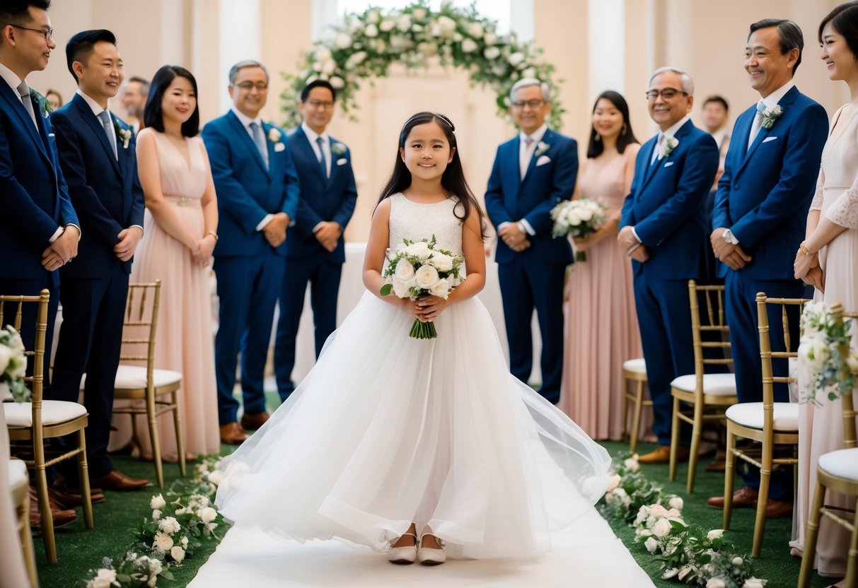 An 11-year-old girl stands in a flowing dress, holding a bouquet, surrounded by a group of elegantly dressed adults in a wedding ceremony setting