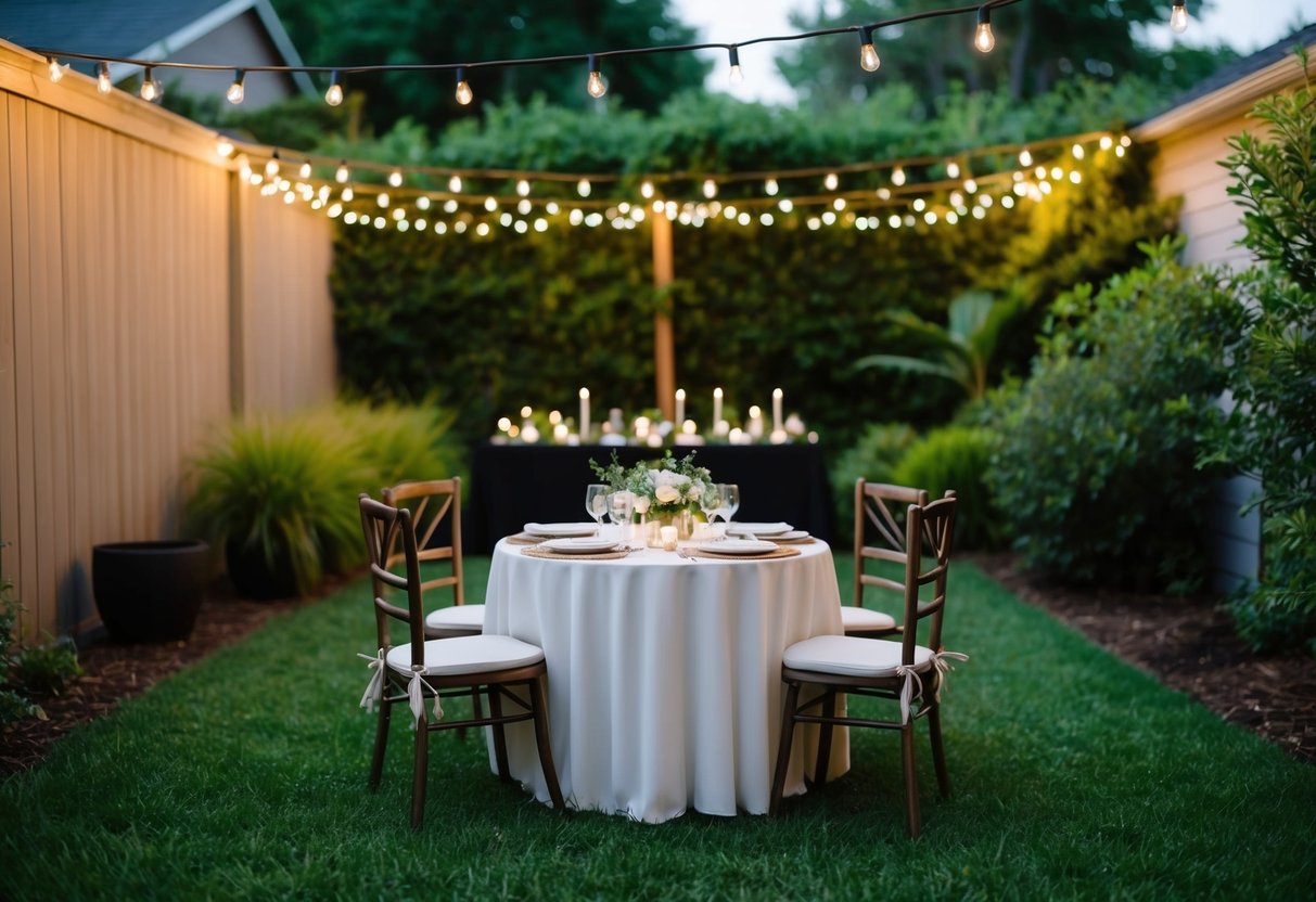 A cozy backyard with a small, elegantly set table for a micro wedding, surrounded by twinkling lights and lush greenery
