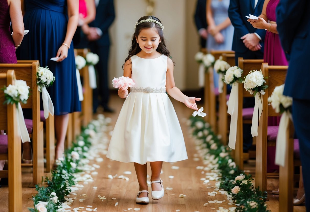 A young girl in a formal dress walks down the aisle, scattering flower petals. She smiles as she fulfills her role as a bridesmaid
