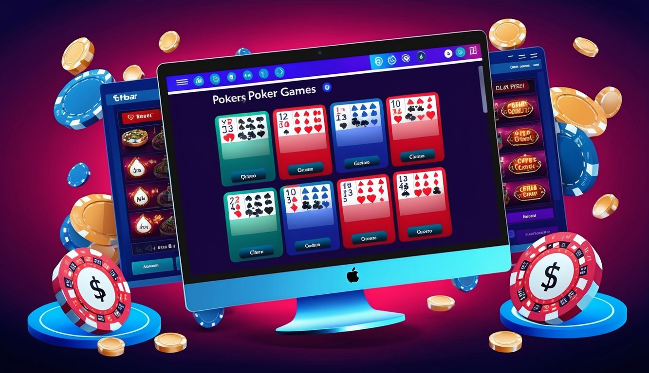 Sebuah layar komputer dengan berbagai opsi permainan poker yang ditampilkan, dikelilingi oleh elemen kasino virtual