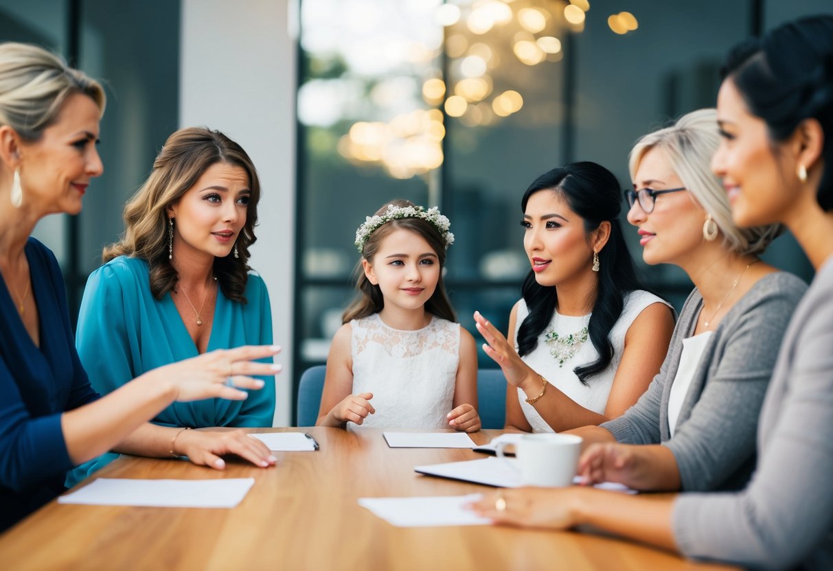 A group of women sit around a table, discussing and gesturing as they consider whether an 11-year-old can be a bridesmaid