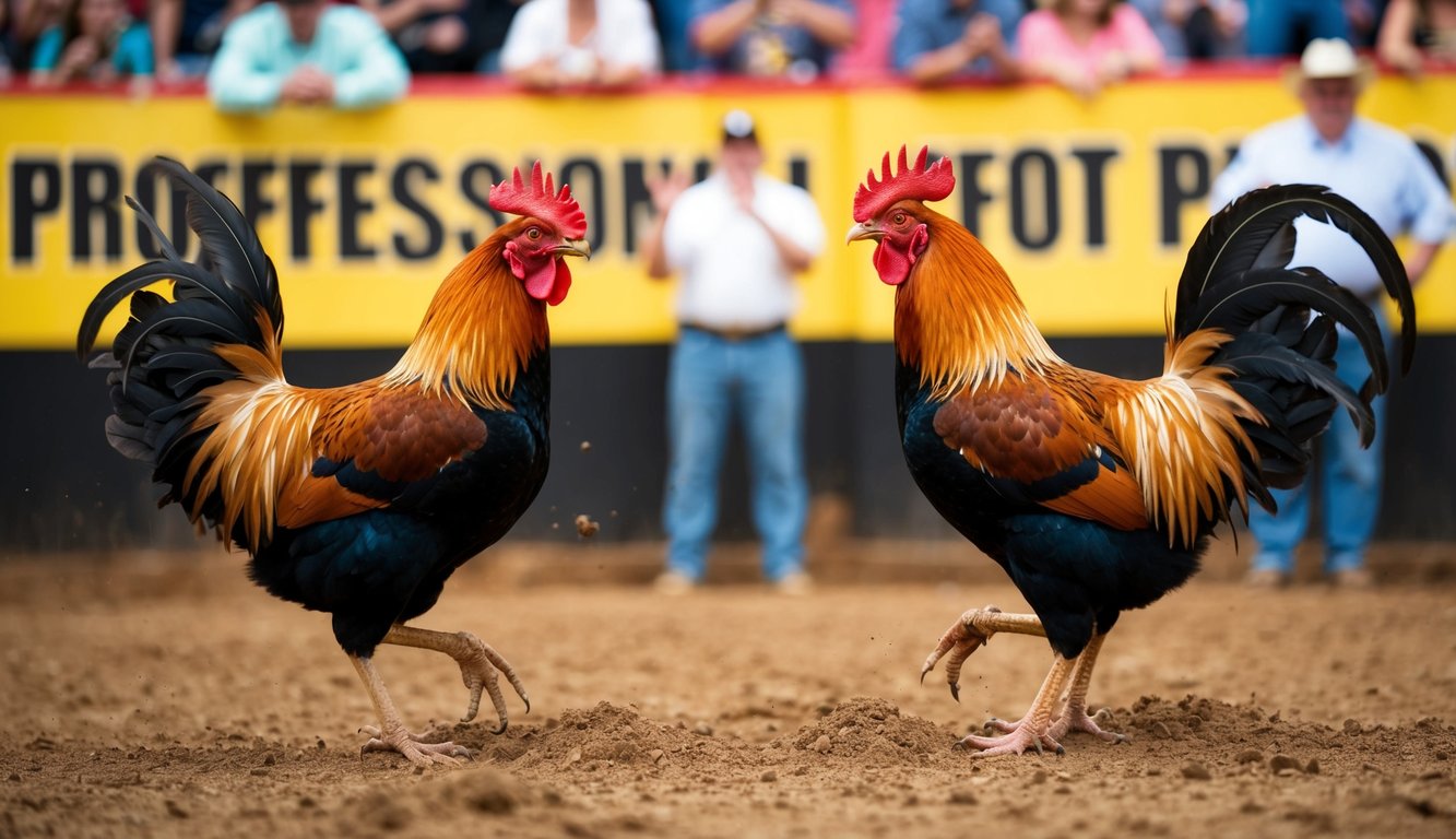 Dua ayam jantan bertarung di dalam lubang tanah, dikelilingi oleh penonton yang bersorak-sorai dan latar belakang yang berwarna-warni