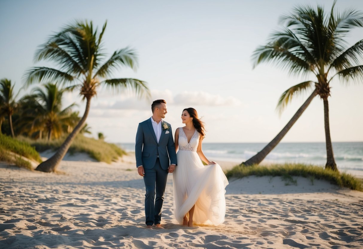 A couple stands on a sandy beach, surrounded by palm trees and a gentle ocean breeze. The bride wears a flowing white dress, and the groom is dressed in a casual suit