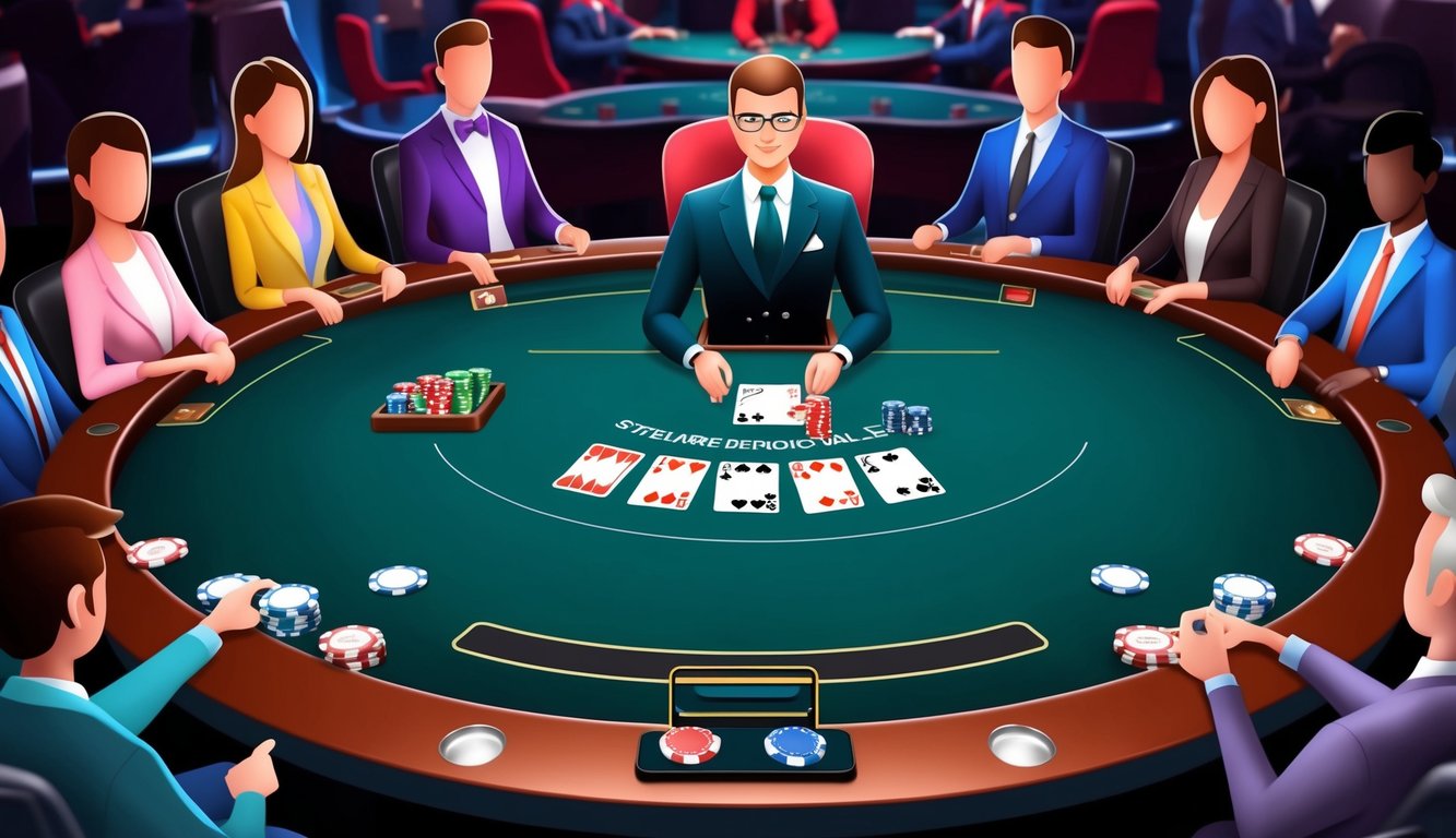 Meja poker virtual dengan dealer langsung, kartu, dan chip, dikelilingi oleh pemain di platform online