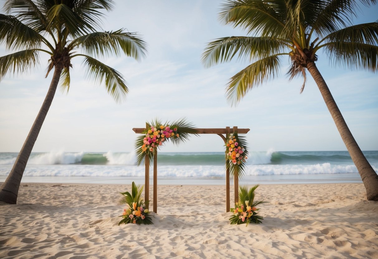 A sandy beach with a simple wooden arch adorned with tropical flowers, surrounded by palm trees and the sound of crashing waves