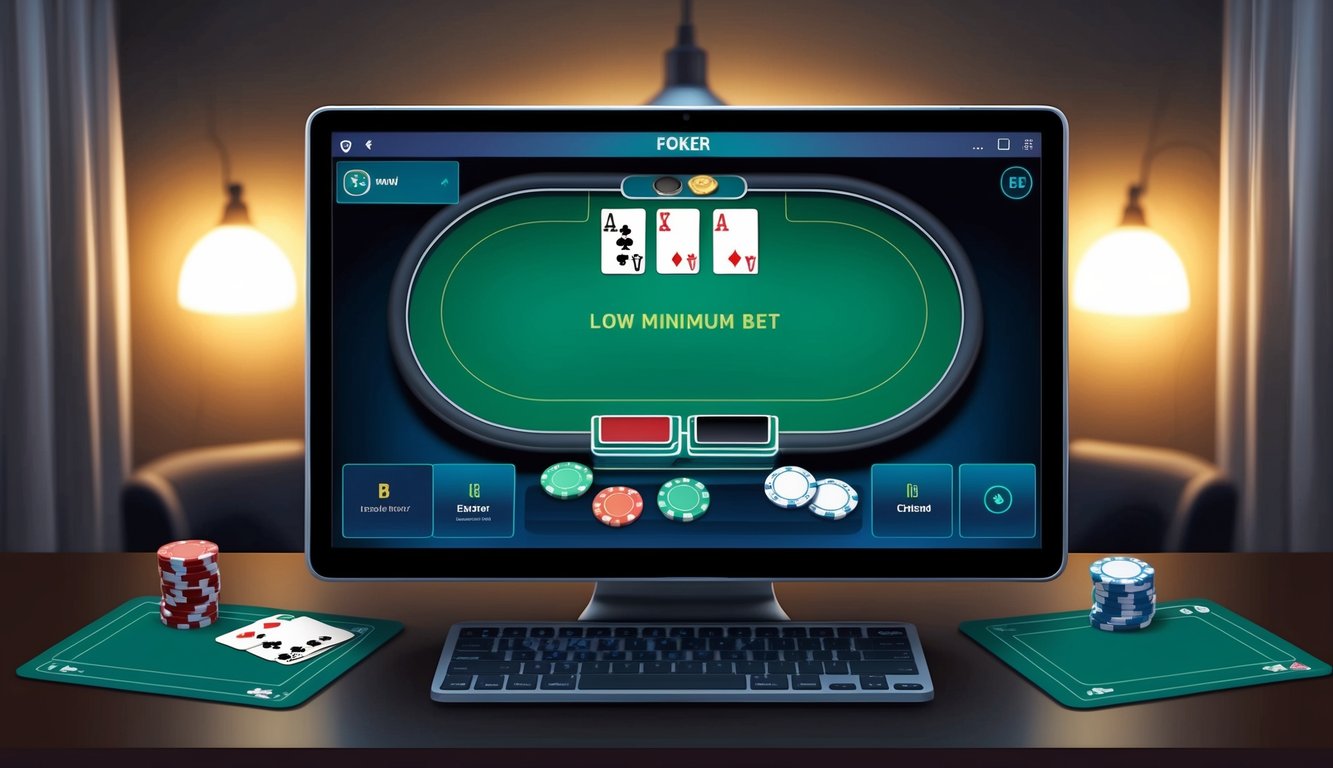 Sebuah ruangan yang redup dengan meja poker digital, chip, dan kartu. Antarmuka permainan online di layar komputer dengan opsi taruhan minimum yang rendah.