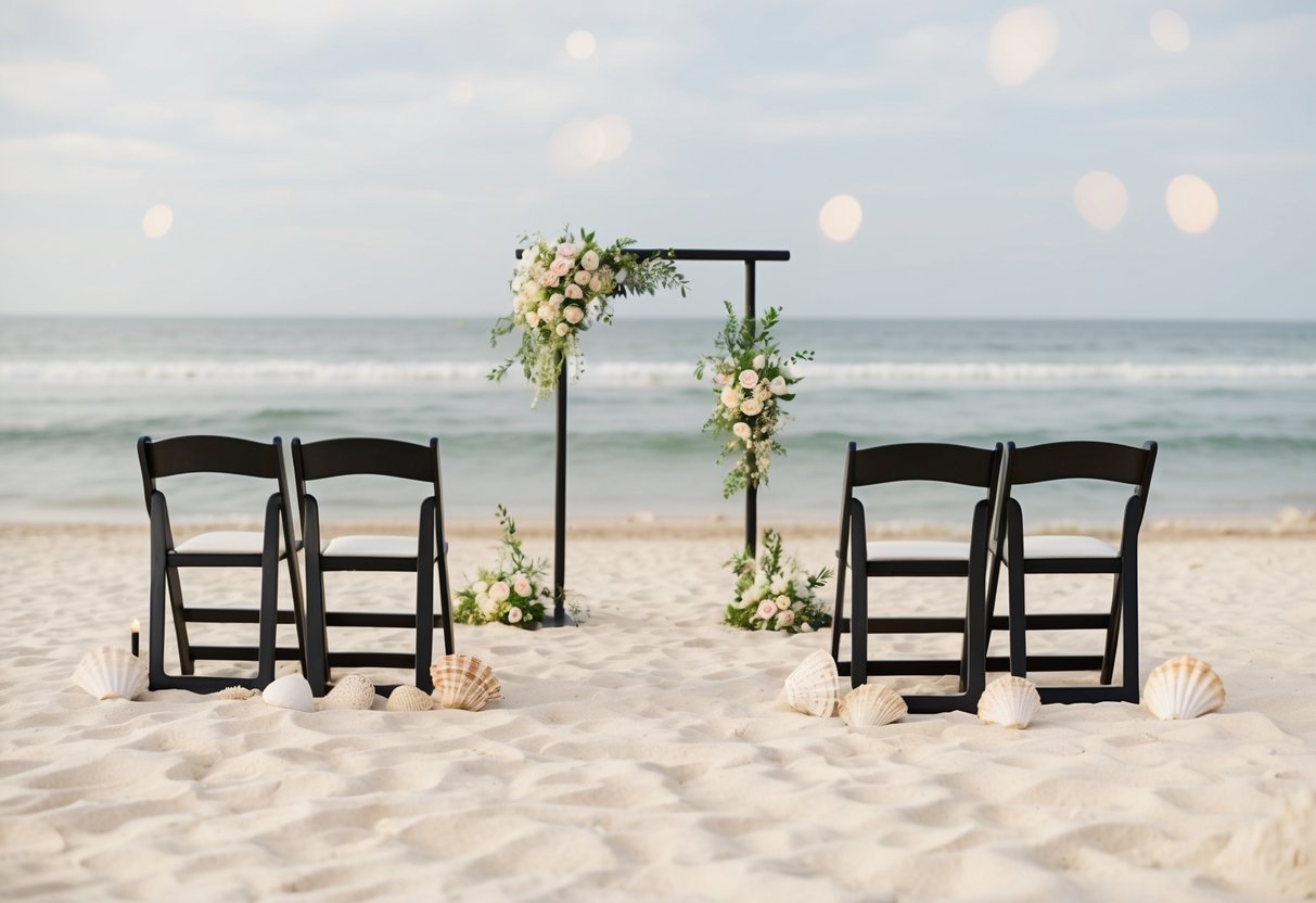 A sandy beach with a simple altar and chairs facing the ocean, surrounded by delicate seashells and flowers