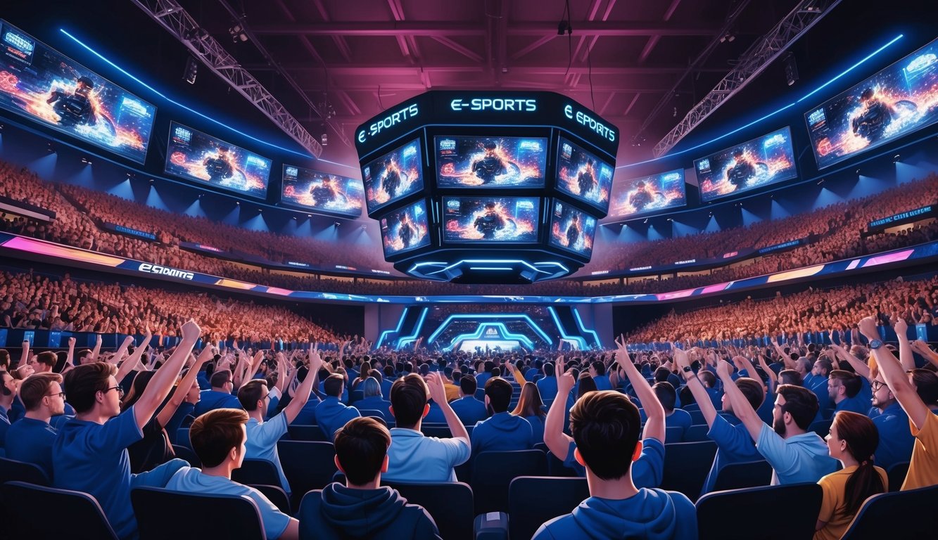 Sebuah arena yang ramai dengan layar besar yang menampilkan pertandingan E-sports yang intens, dikelilingi oleh penggemar yang bersemangat dan bersorak.