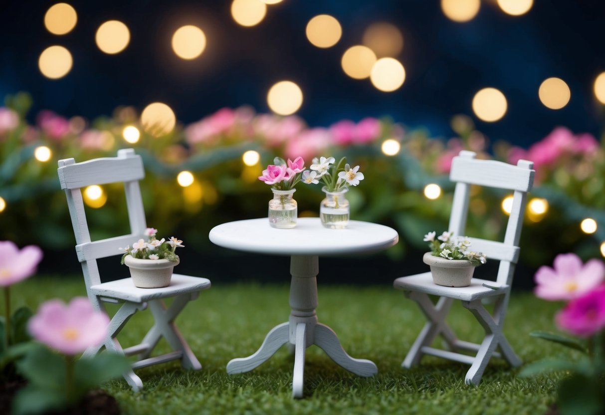 A tiny table set for two in a miniature garden, adorned with delicate flowers and twinkling lights under a starry sky