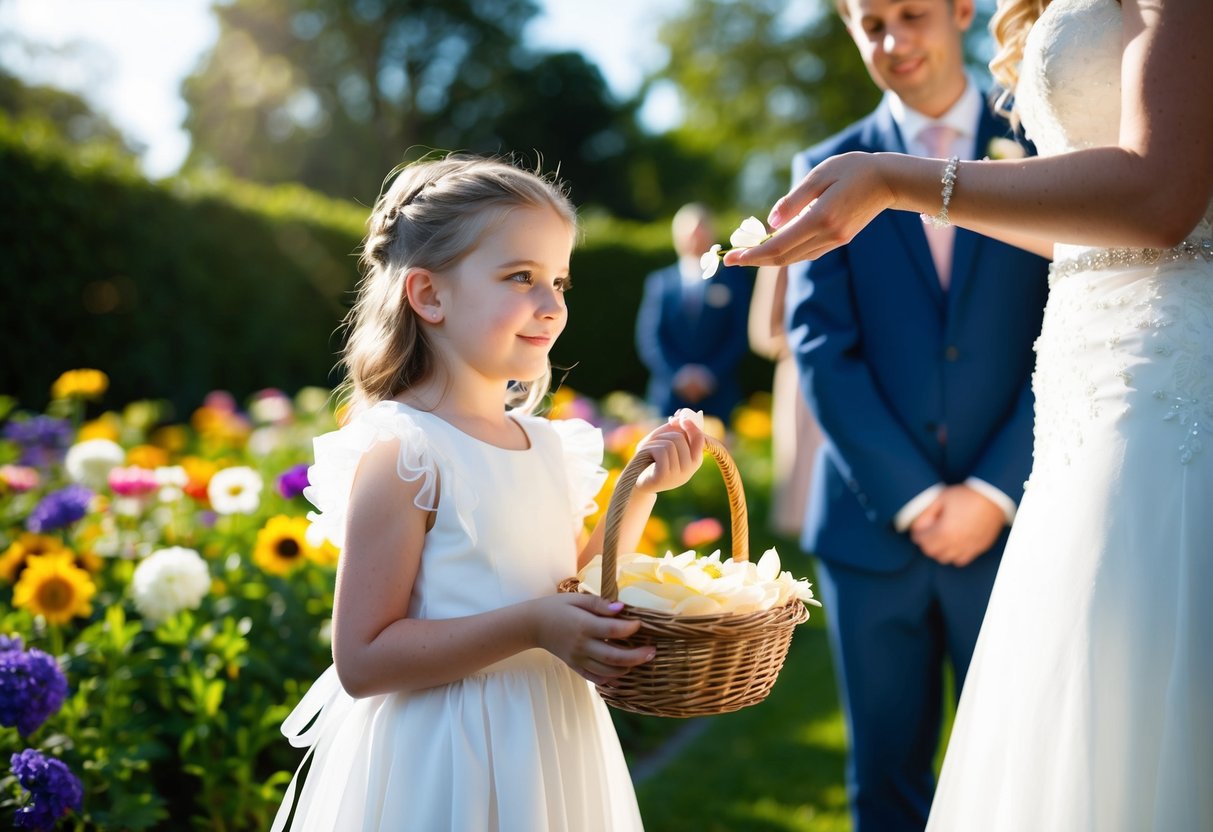 A young girl in a frilly dress holds a basket of petals, standing beside a bride. The sun shines on a garden filled with colorful flowers