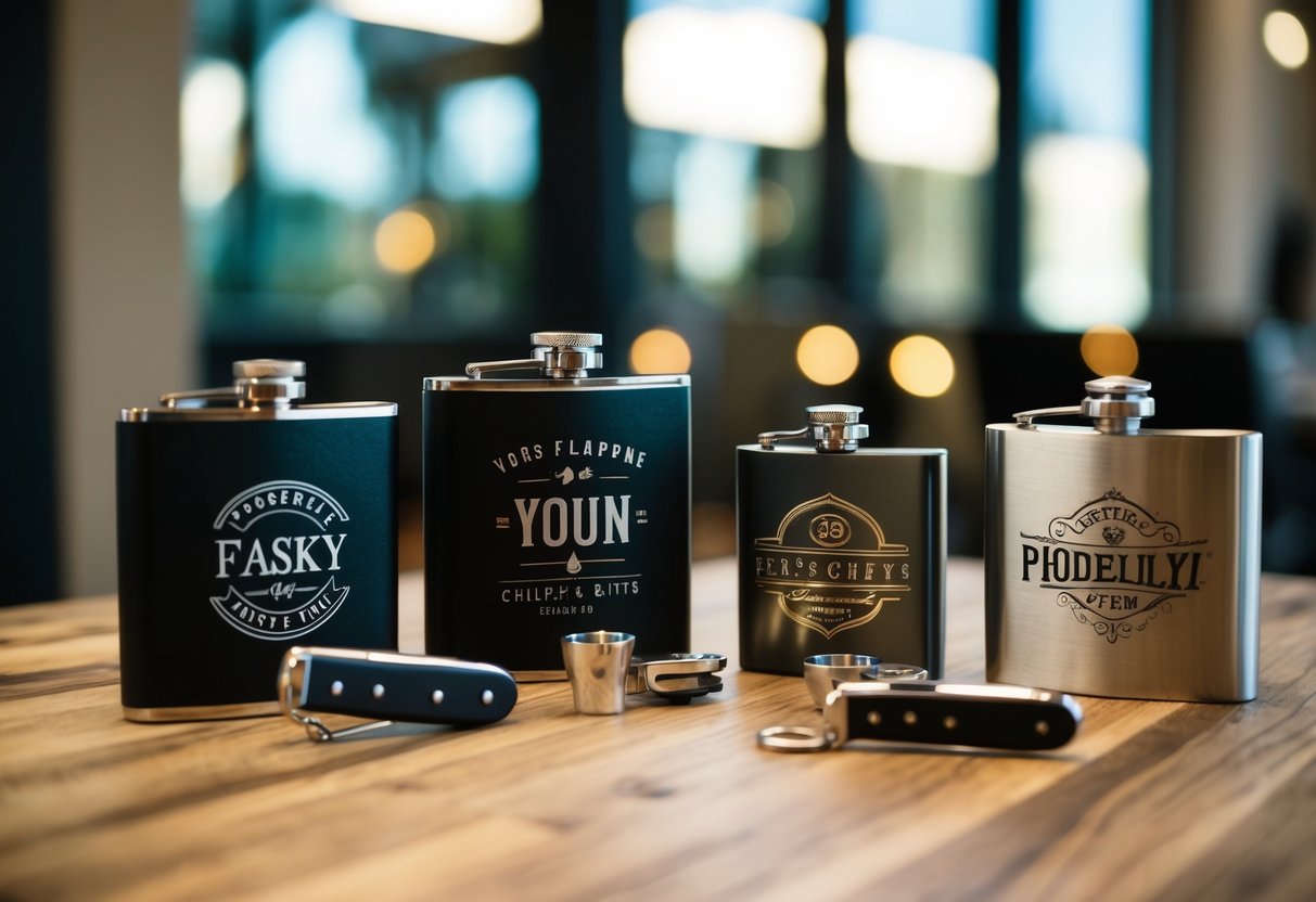 A table with assorted gifts: personalized flasks, cufflinks, and pocket knives