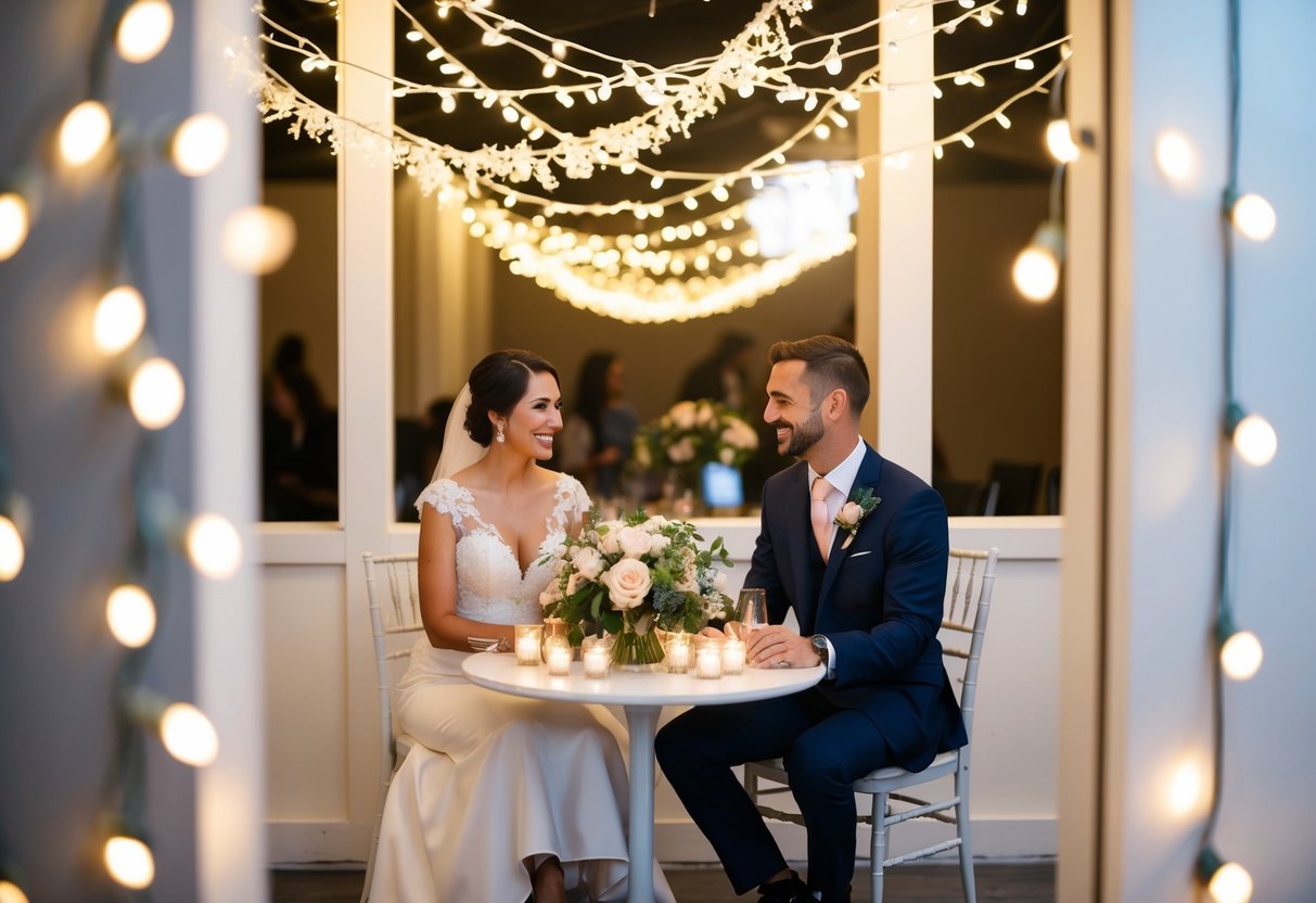 A couple sits at a small, intimate table surrounded by twinkling lights and flower centerpieces. The bride and groom smile as they discuss their budget for the wedding