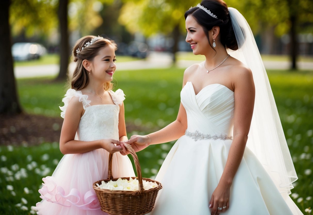 A young girl in a frilly dress holds a basket of petals, standing next to a woman in a bridal gown. They smile at each other