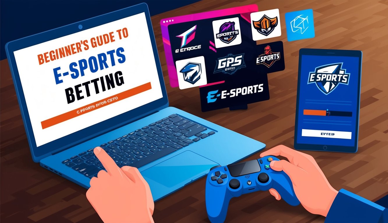 Panduan pemula untuk taruhan E-sports dengan laptop, pengontrol permainan, dan berbagai logo permainan E-sports yang ditampilkan di layar