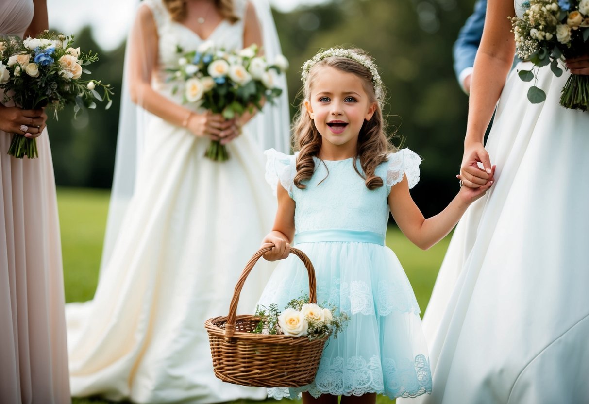 A young girl in a frilly dress holds a basket of flowers, standing next to the bride. She looks excited and eager to fulfill her role in the wedding