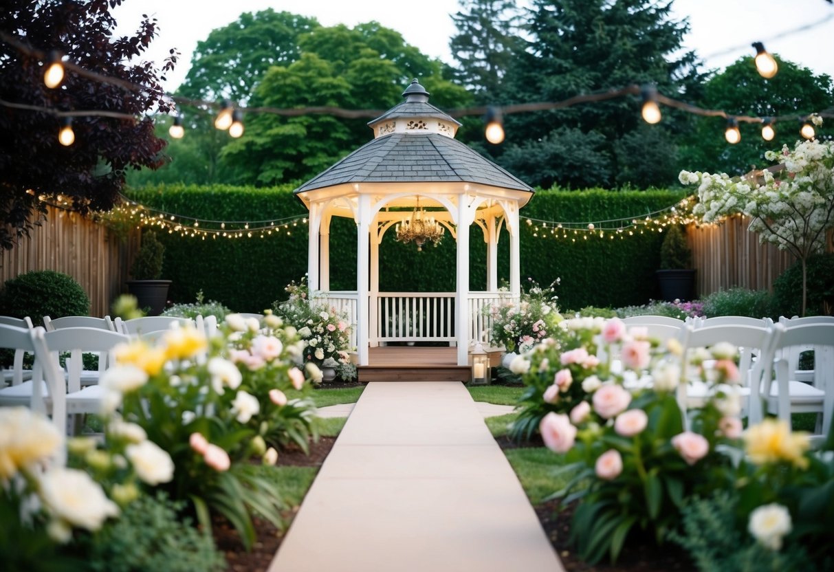 A cozy outdoor garden with a charming gazebo, surrounded by blooming flowers and twinkling lights, set up for an intimate wedding ceremony