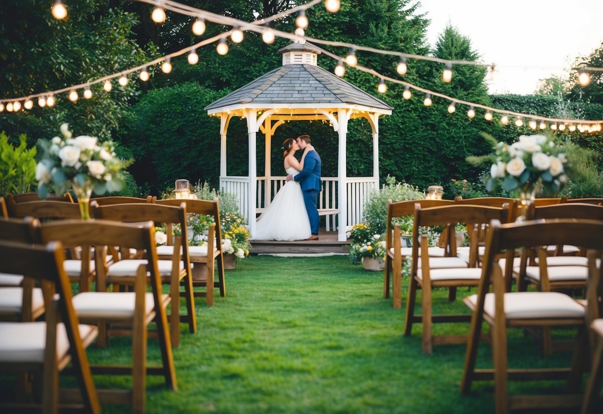 A cozy, intimate wedding in a charming garden with a small gazebo and twinkling string lights