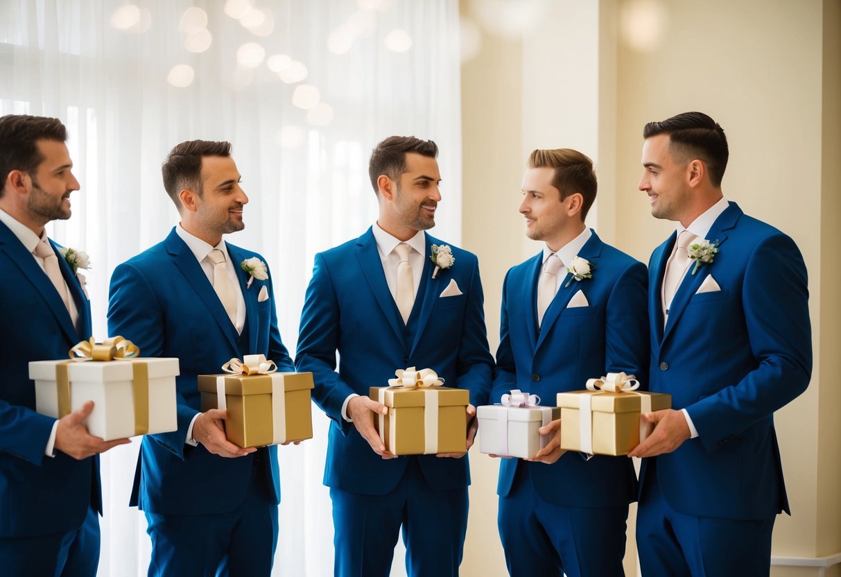 A group of groomsmen standing together, each holding a gift box. They appear to be discussing and comparing the size of the boxes, trying to determine how much to give as a wedding gift