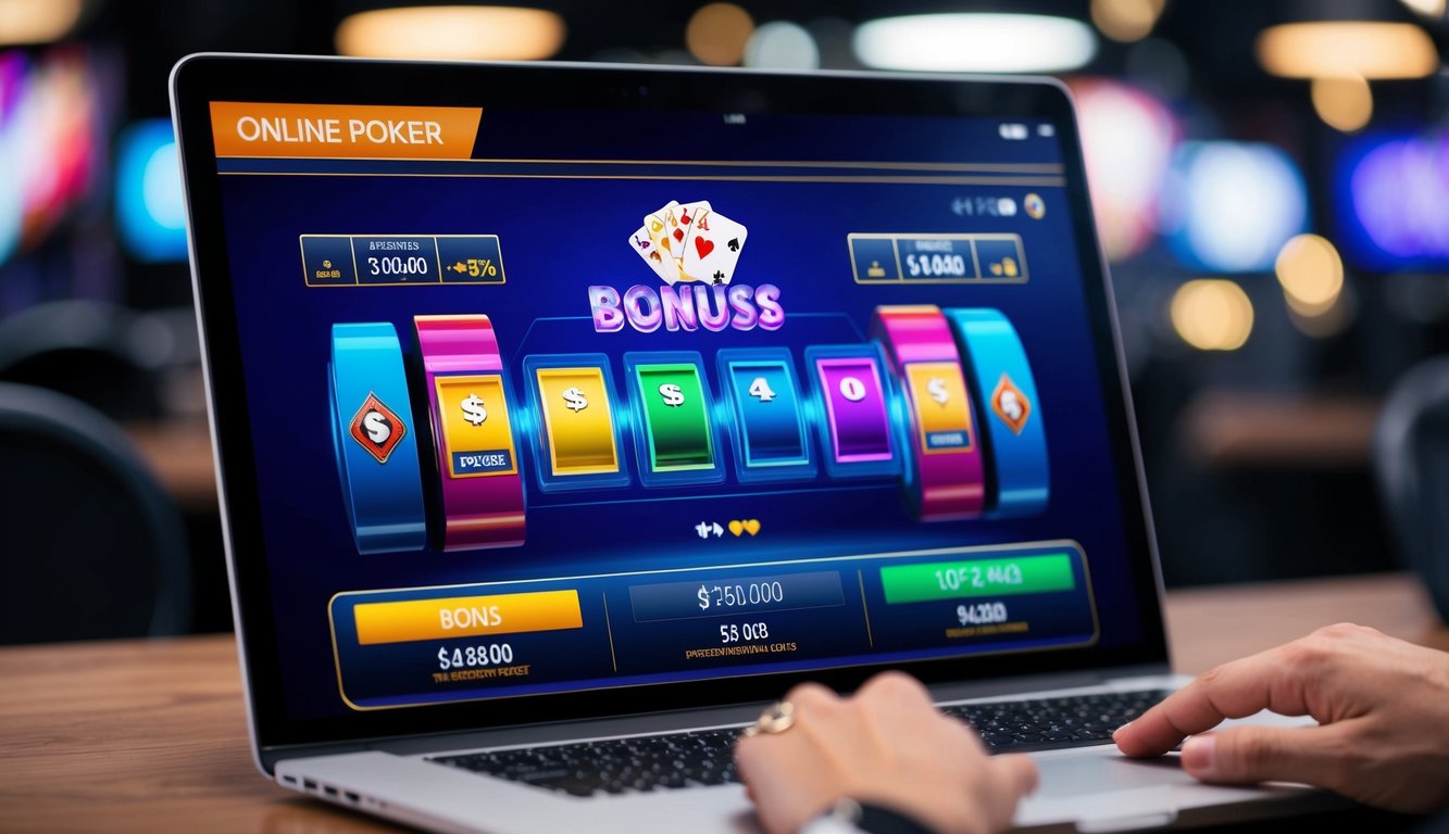 Sebuah layar digital menampilkan permainan poker online yang berwarna-warni dan dinamis dengan hadiah bonus dan antarmuka yang ramping