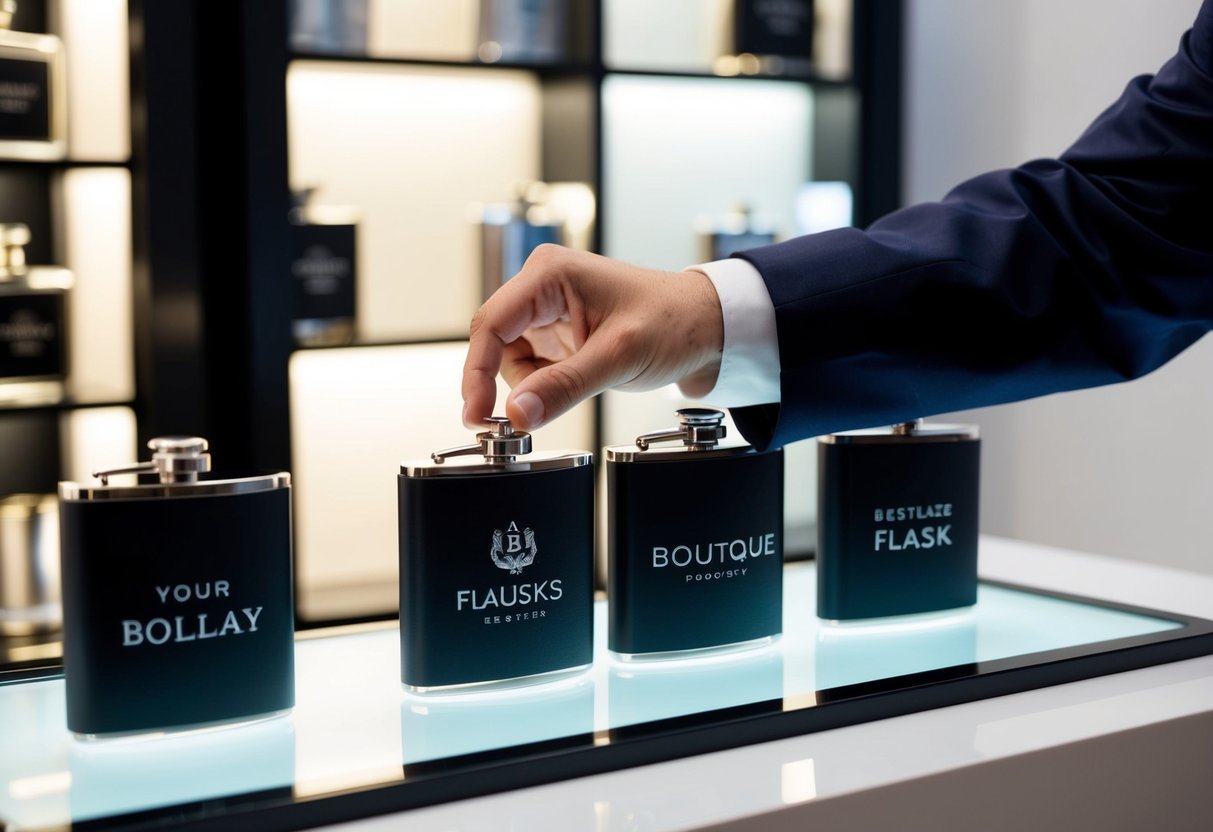 A hand reaching for a display of personalized flasks and cufflinks at a boutique
