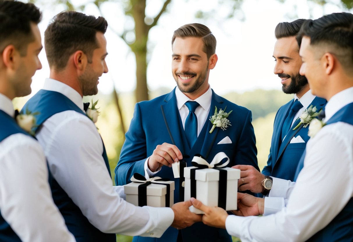 A groom presenting personalized gifts to his groomsmen