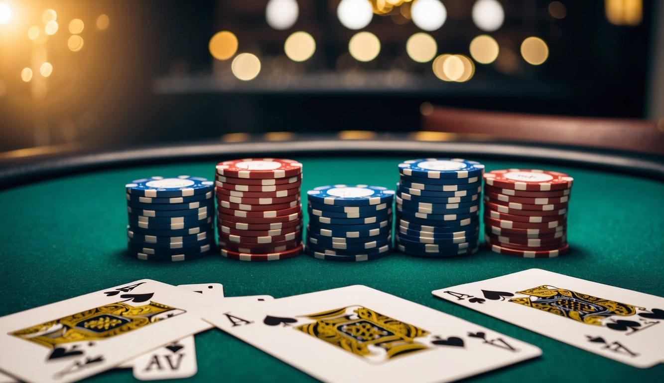 Sekelompok chip poker dan kartu yang diatur dalam formasi strategis di atas meja felt hijau