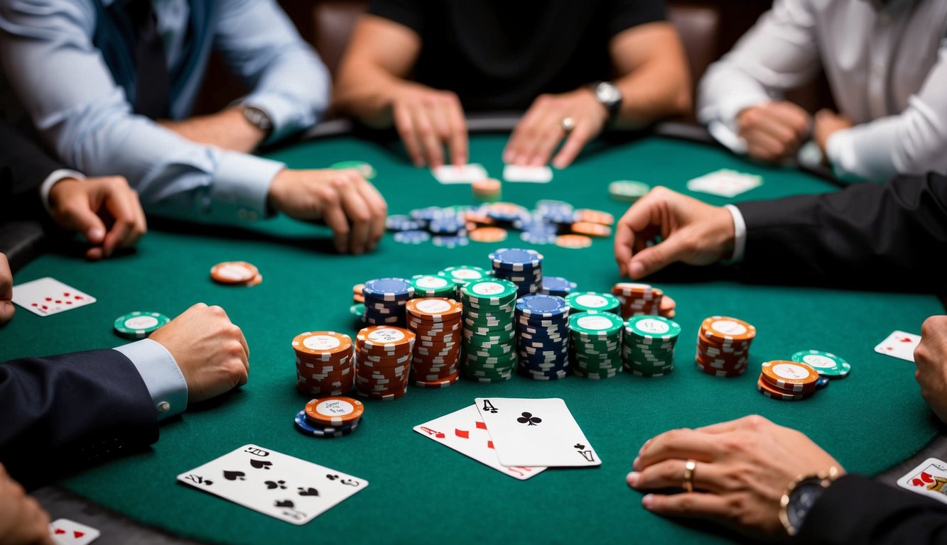 Sekelompok chip poker dan kartu berserakan di atas meja felt hijau, dikelilingi oleh pemain dengan ekspresi intens