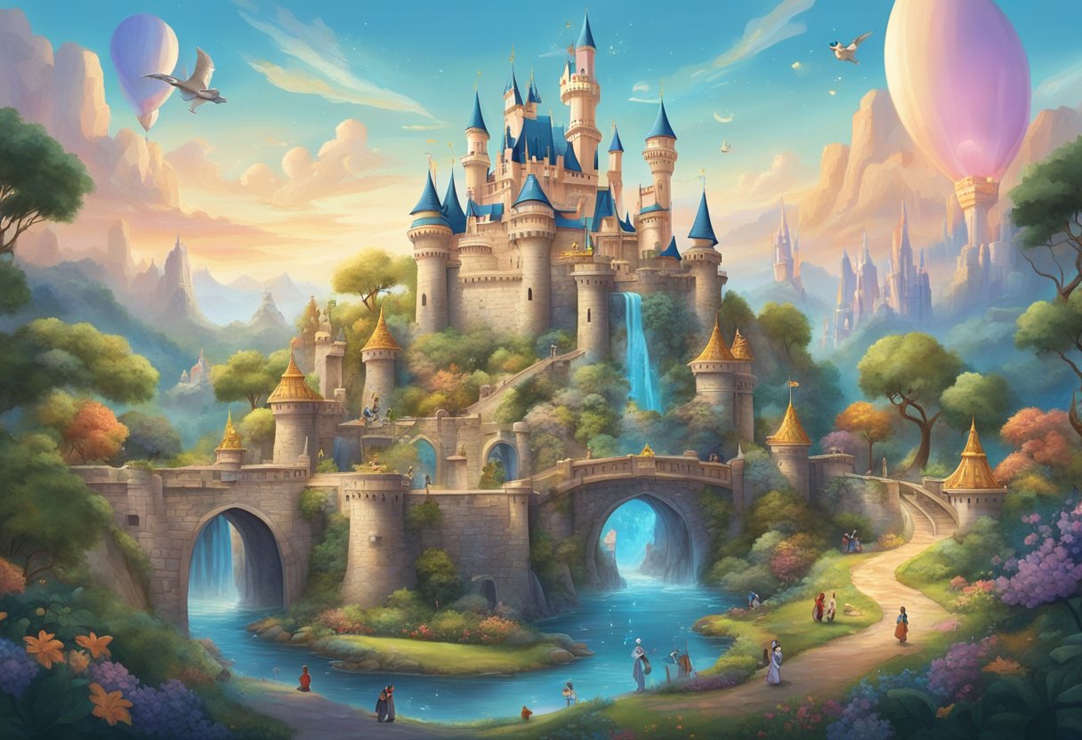 Um castelo mágico cercado por personagens e símbolos icônicos da Disney, com 12 detalhes escondidos para representar as 12 curiosidades sobre a Disney.