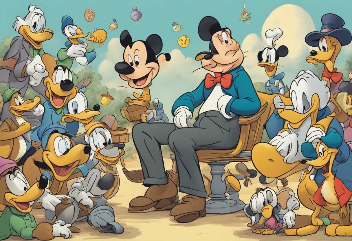 Um Walt Disney com uma expressão carrancuda se afastando de um Pateta sorridente, cercado por 12 símbolos ocultos da Disney.