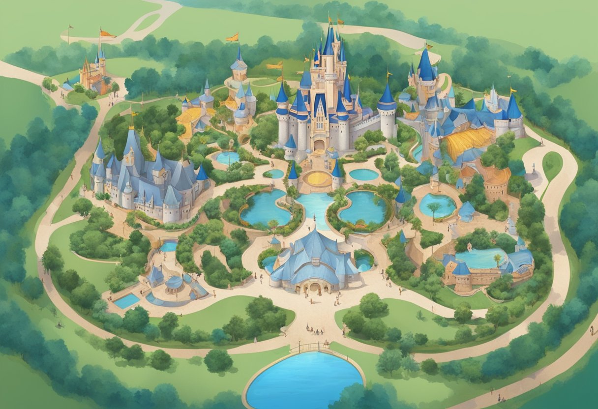 O primeiro parque da Disney, inaugurado em 1955, com castelo icônico e atrações vintage