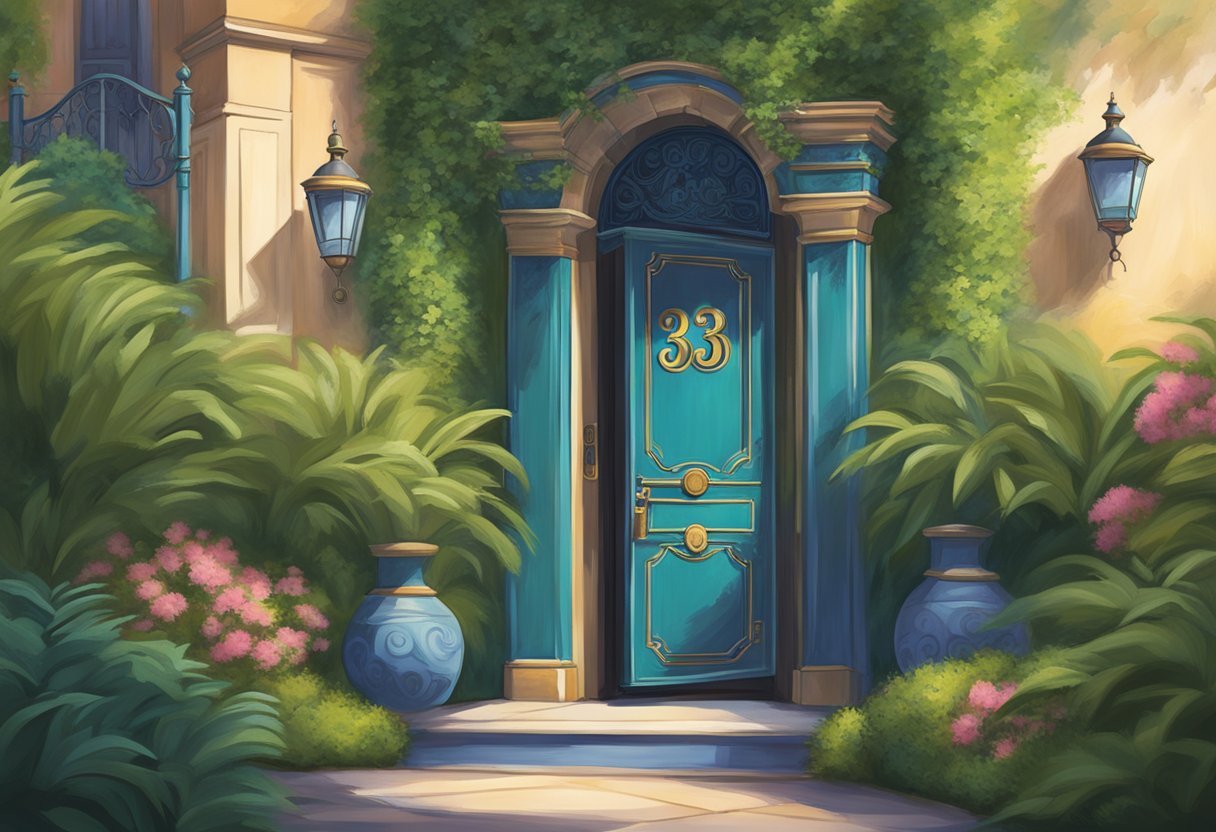 Uma porta misteriosa rotulada "Club 33" escondida dentro do movimentado parque Disneyland, cercada por uma vegetação exuberante e um senso de exclusividade.