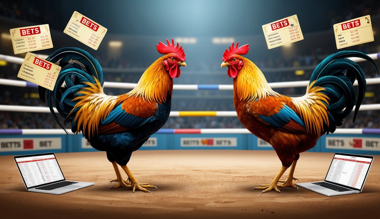 Dua ayam jantan saling berhadapan di arena sabung ayam, dikelilingi oleh berbagai jenis taruhan yang ditempatkan secara online