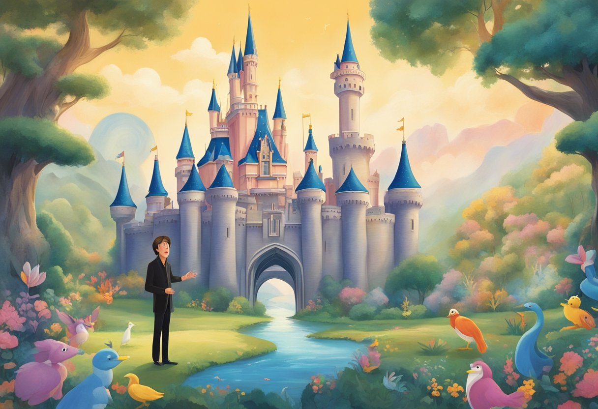 Paul McCartney em frente a um castelo mágico da Disney, cercado por personagens fantásticos e uma paisagem encantadora