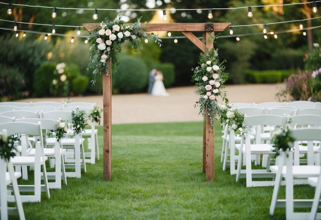 A small wedding in a garden: a rustic wooden arch adorned with flowers, bistro lights hanging overhead, and a scattering of white chairs for guests