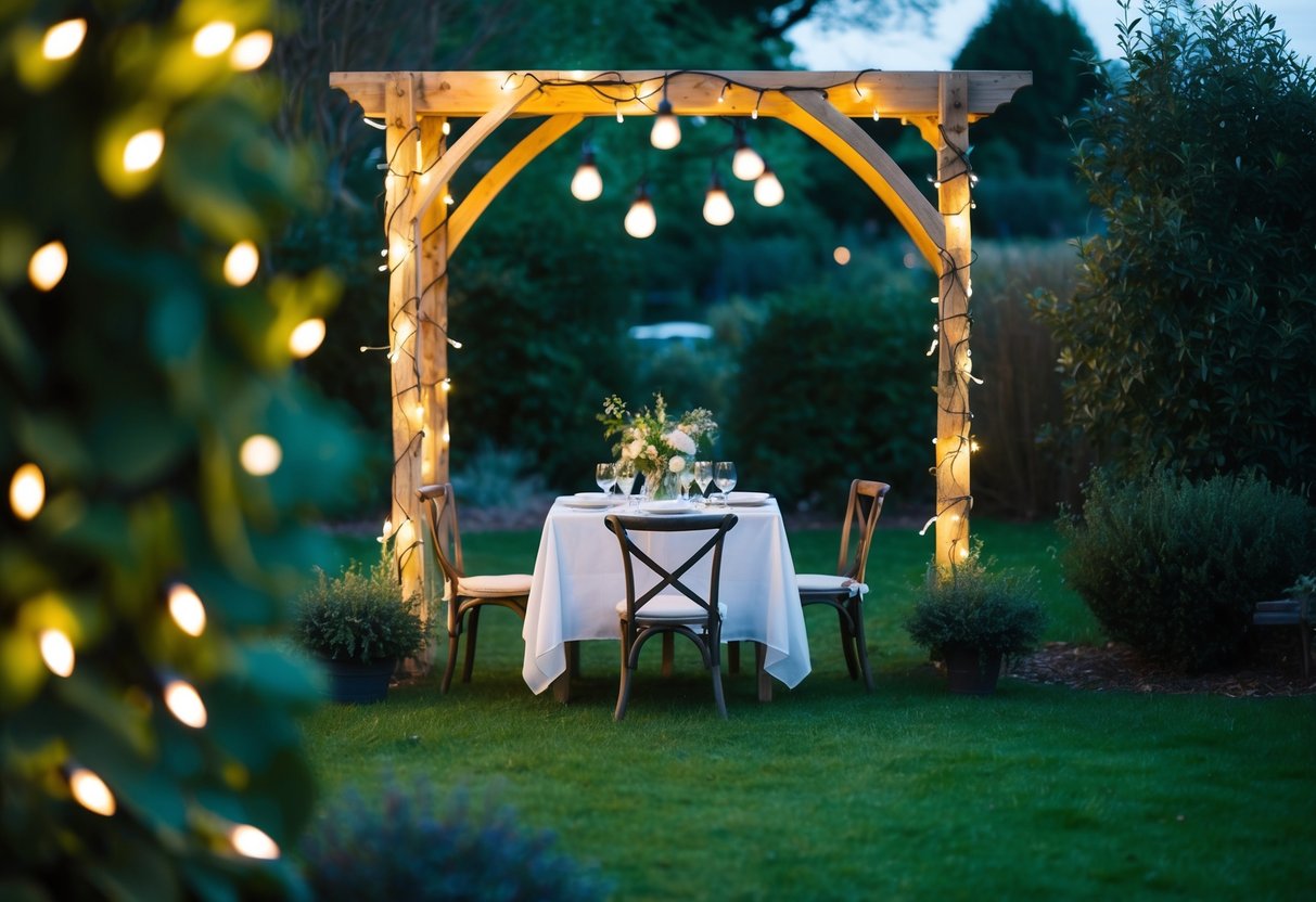 A cozy outdoor garden with fairy lights, a rustic wooden arch, and a small table set for an intimate dinner