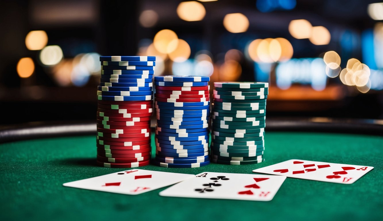 Sekelompok chip poker dan kartu bermain di atas meja felt hijau