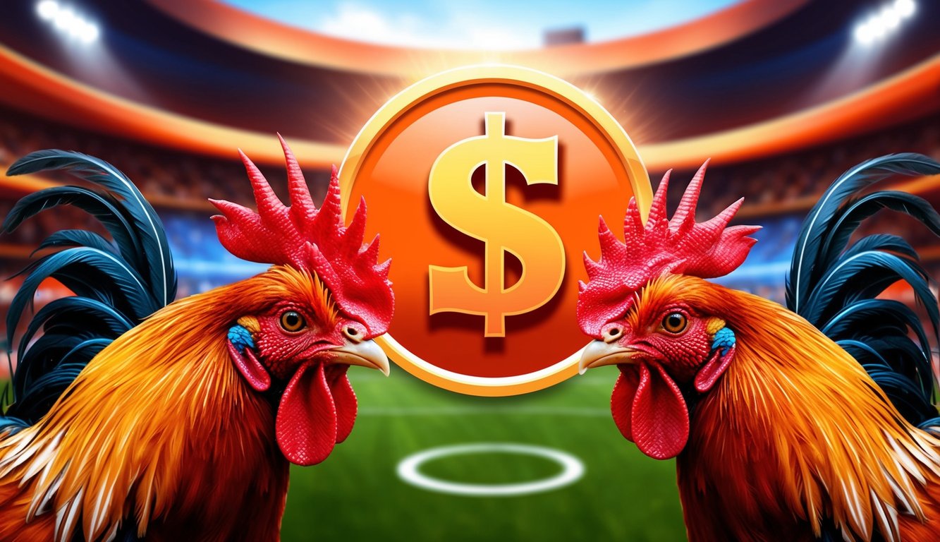 Dua ayam jantan berhadapan di arena online, dengan simbol bonus besar di latar belakang