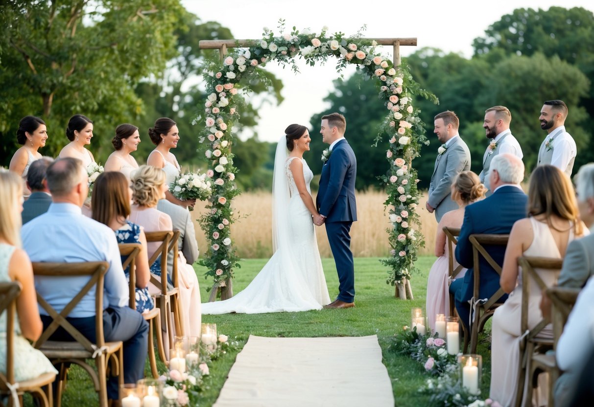 A small wedding: a simple outdoor ceremony under a floral arch, with a few close family and friends seated on wooden chairs. A rustic table set with delicate flowers and candles for the reception