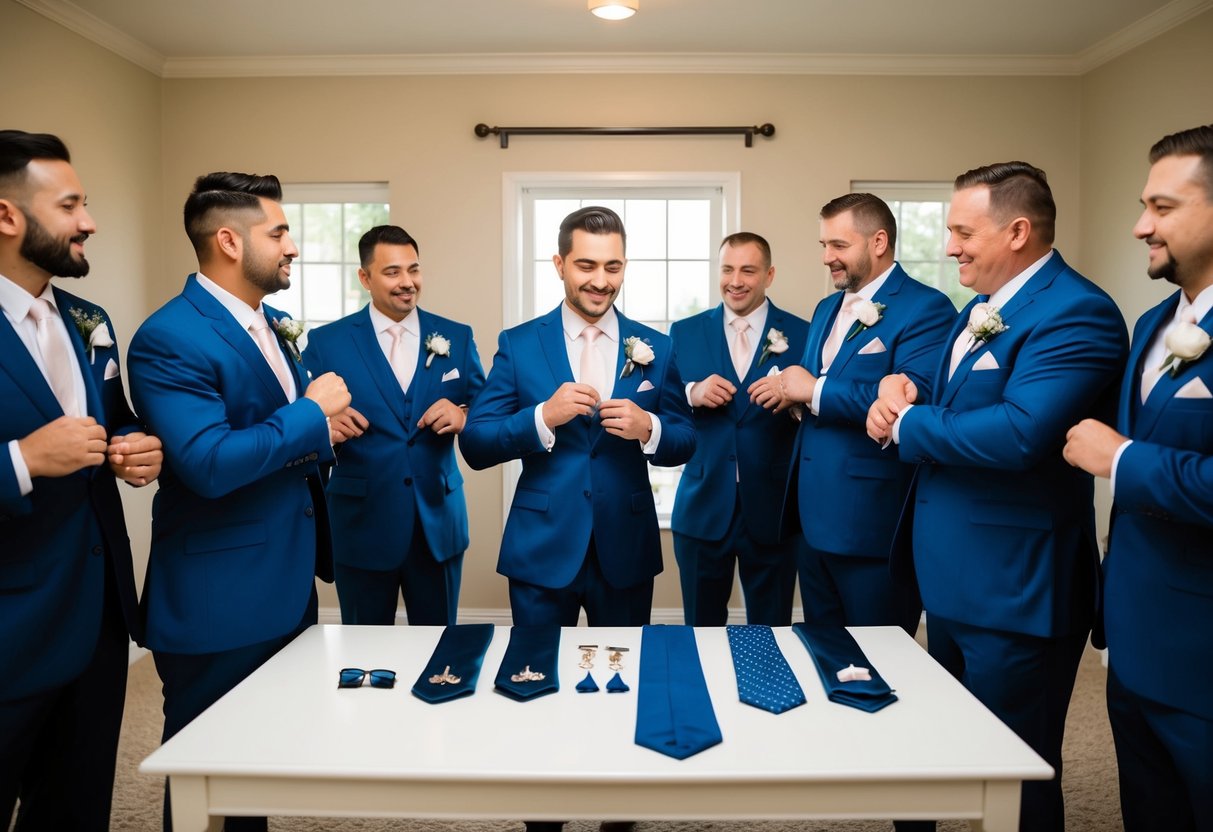 Groomsmen and dads gather in a room, putting on suits and adjusting ties. Accessories like cufflinks and pocket squares are laid out on a table