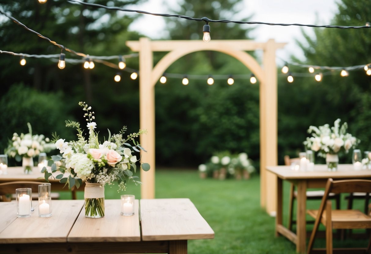 A small wedding: a cozy outdoor setting with string lights, a simple arch, and delicate floral arrangements on wooden tables