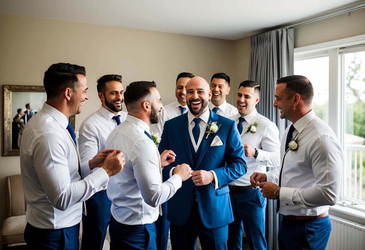 A group of men, including the father of the groom, gather in a room to help the groom get ready for his wedding. They share laughter and camaraderie as they prepare for the big day