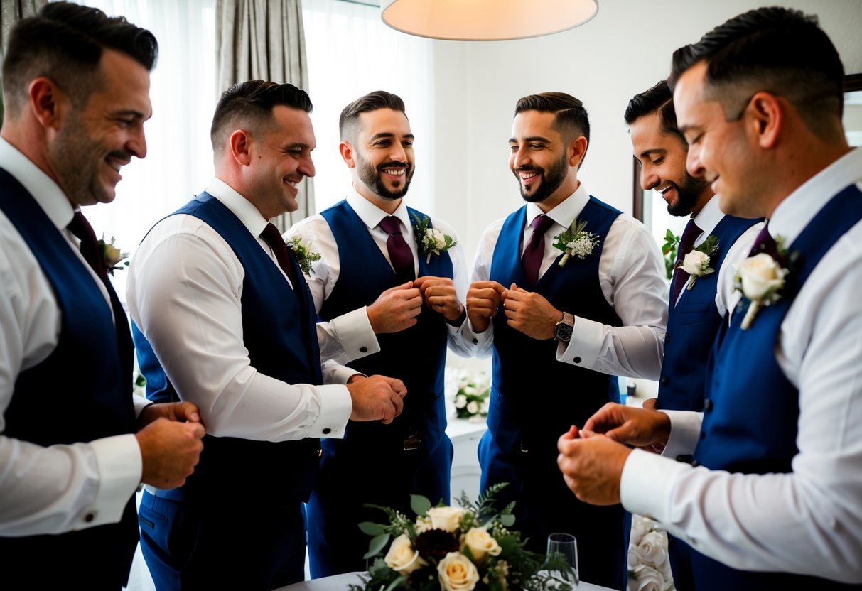 Groomsmen gather around a table, tying ties and adjusting boutonnieres. Laughter and camaraderie fill the room as they prepare for the wedding