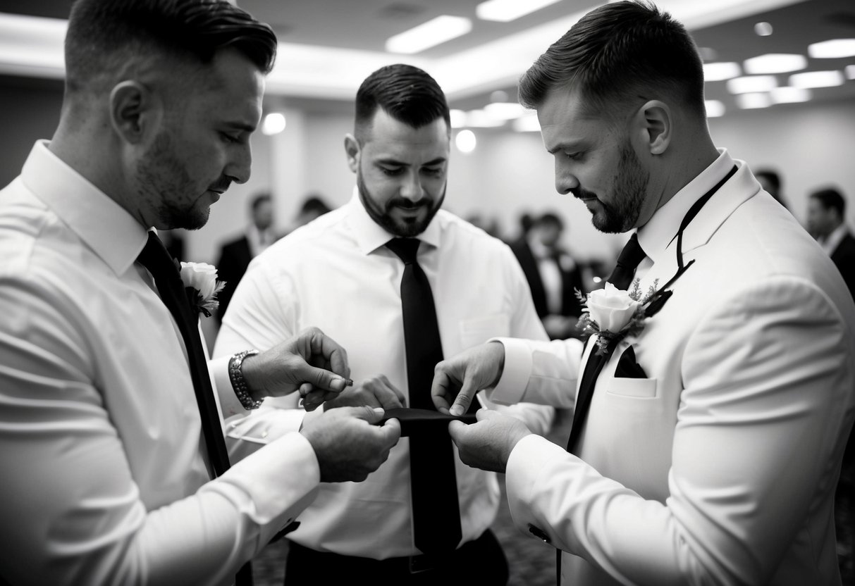 Groomsmen help groom with tie, cufflinks, and boutonniere