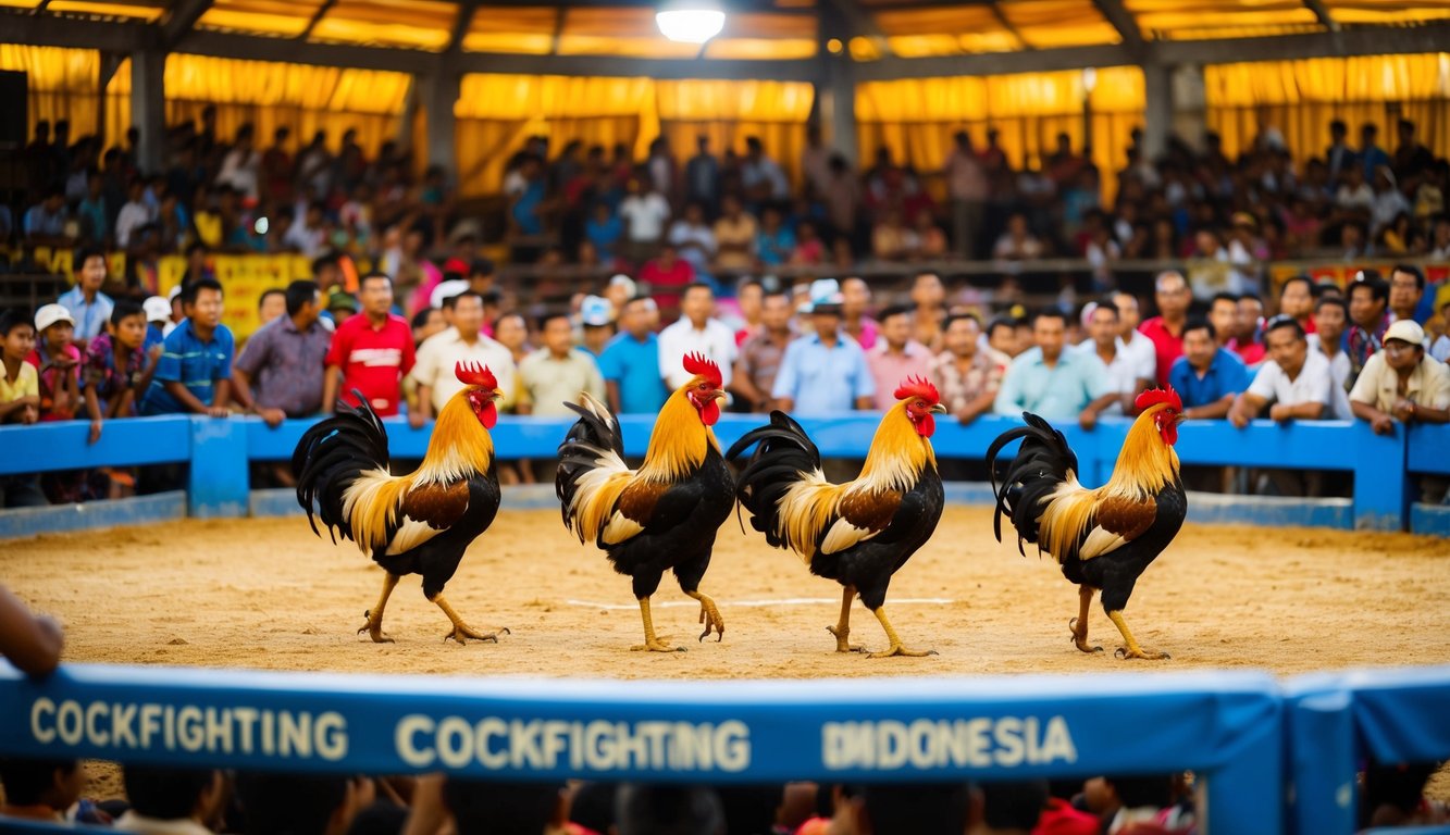 Sebuah arena sabung ayam yang ramai di Indonesia, dengan ayam jantan berwarna-warni di tengah dan penonton yang antusias mengelilingi arena.